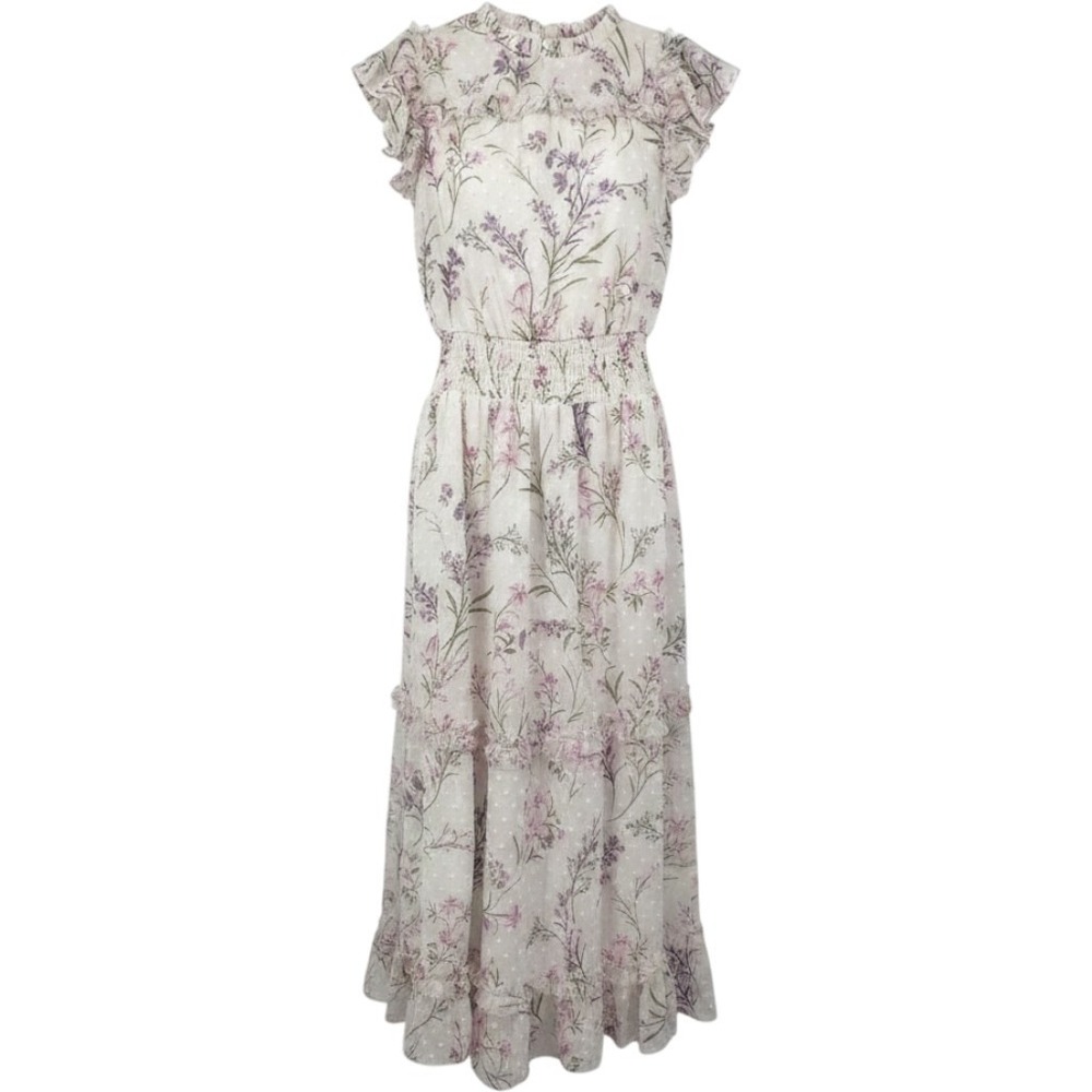 CeCe Floral Midi Dress Womens Small Ivory Vibrant Blooms Smocked Ruffle